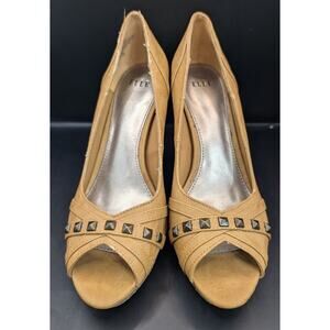 Elle Women's Ali Camel Tan Studded Open Toe Leather 4 inch Heels US Size 7